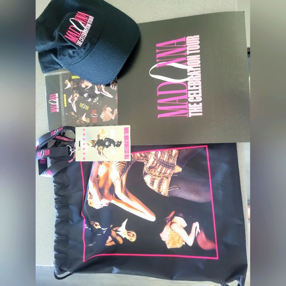Madonna Celebration Tour, merch bag, hat, stickers